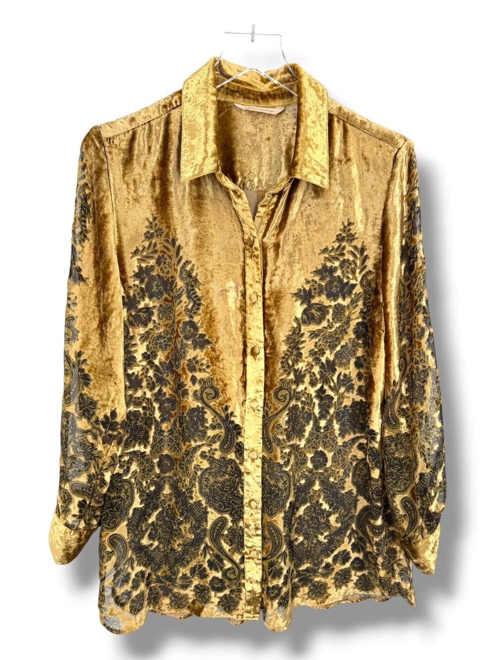Soft Surroundings Akari blouse PM velvet burnout floral scroll metallic gold
